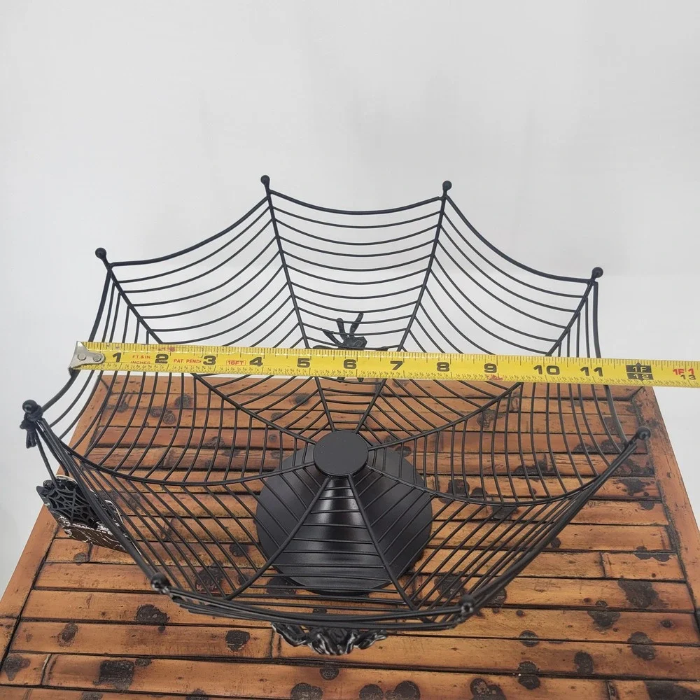 Black Metal Spider Web Pedestal Bowl Halloween Gothic Decor Handcrafted 12in